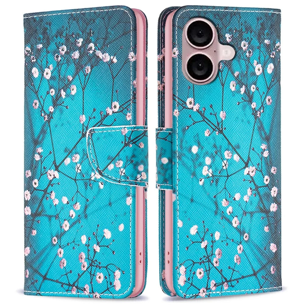 For iPhone 16 Plus Leather Case Pattern Printing Wallet Stand Anti-fall Phone Cover - Plum Blossom - 1