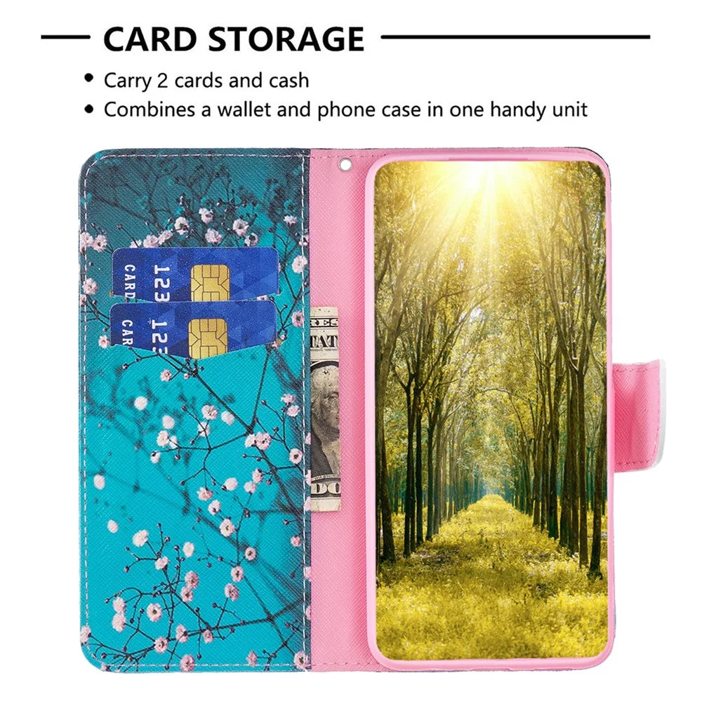 For iPhone 16 Plus Leather Case Pattern Printing Wallet Stand Anti-fall Phone Cover - Plum Blossom - 2