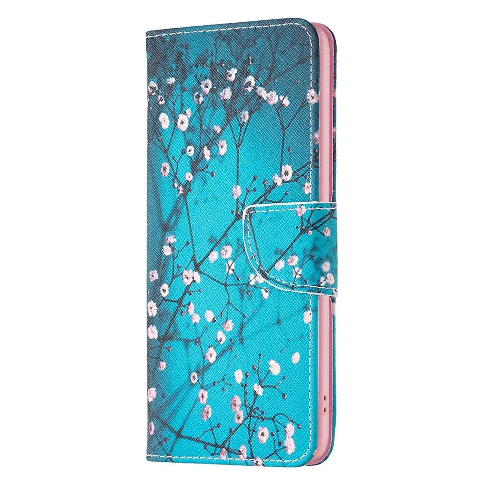 For iPhone 16 Plus Leather Case Pattern Printing Wallet Stand Anti-fall Phone Cover - Plum Blossom - 5