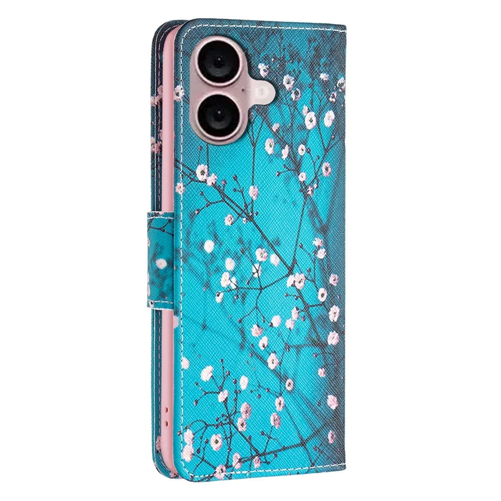 For iPhone 16 Plus Leather Case Pattern Printing Wallet Stand Anti-fall Phone Cover - Plum Blossom - 6