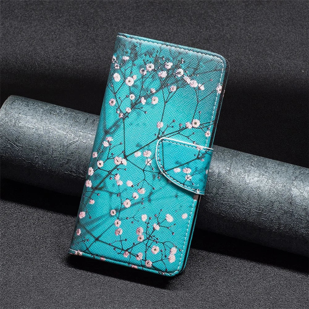 For iPhone 16 Plus Leather Case Pattern Printing Wallet Stand Anti-fall Phone Cover - Plum Blossom - 7
