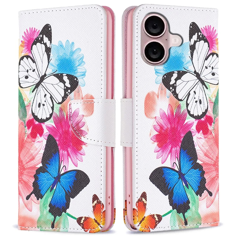 For iPhone 16 Leather Case Pattern Printing Wallet Stand Anti-Fall Phone Cover - Two Butterflies - 1