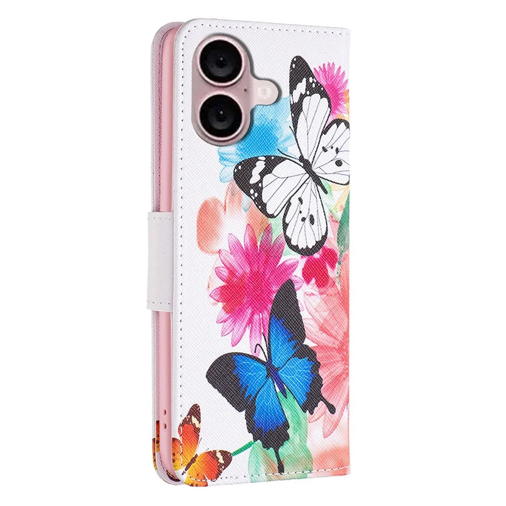 For iPhone 16 Leather Case Pattern Printing Wallet Stand Anti-Fall Phone Cover - Two Butterflies - 6