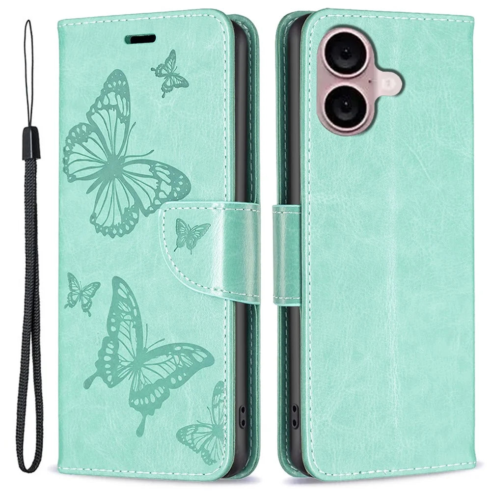 For iPhone 16 Phone Case Imprinted Wallet Leather Stand Phone Cover Wallet - Green - 1