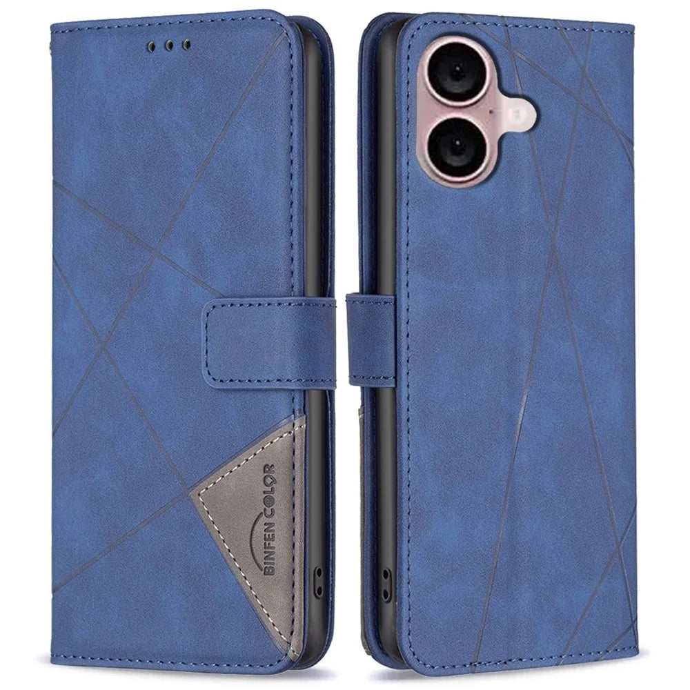 BINFEN COLOR For iPhone 16 Phone Cases Wallet Stand Geometry Imprint Leather Cover - Blue - 1