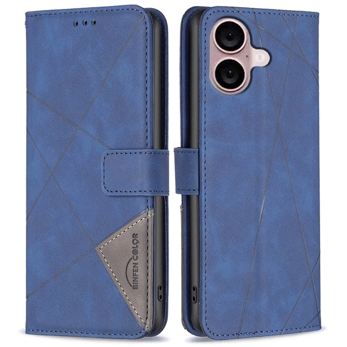 BINFEN COLOR For iPhone 16 Phone Cases Wallet Stand Geometry Imprint Leather Cover - Blue - 1