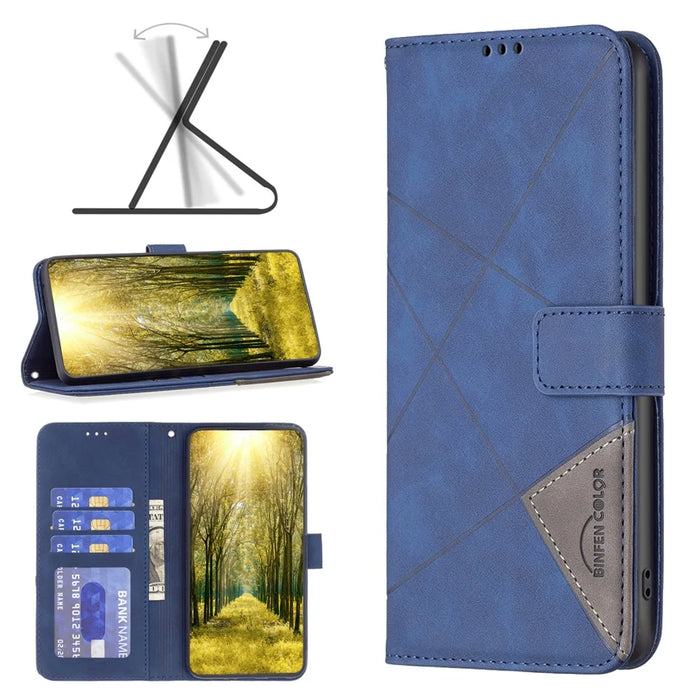 BINFEN COLOR For iPhone 16 Phone Cases Wallet Stand Geometry Imprint Leather Cover - Blue - 4