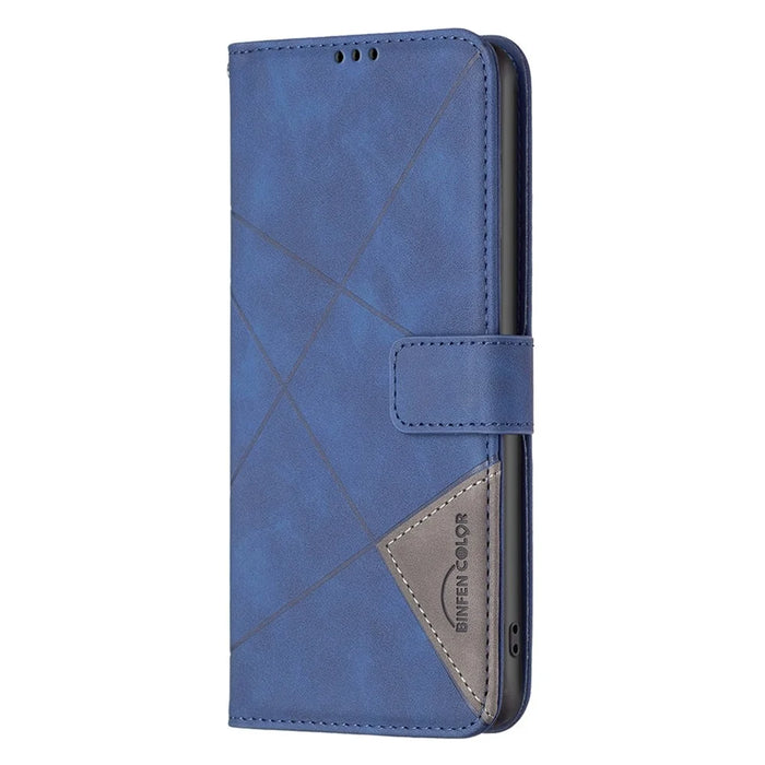 BINFEN COLOR For iPhone 16 Phone Cases Wallet Stand Geometry Imprint Leather Cover - Blue - 5