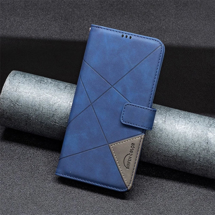 BINFEN COLOR For iPhone 16 Phone Cases Wallet Stand Geometry Imprint Leather Cover - Blue - 7