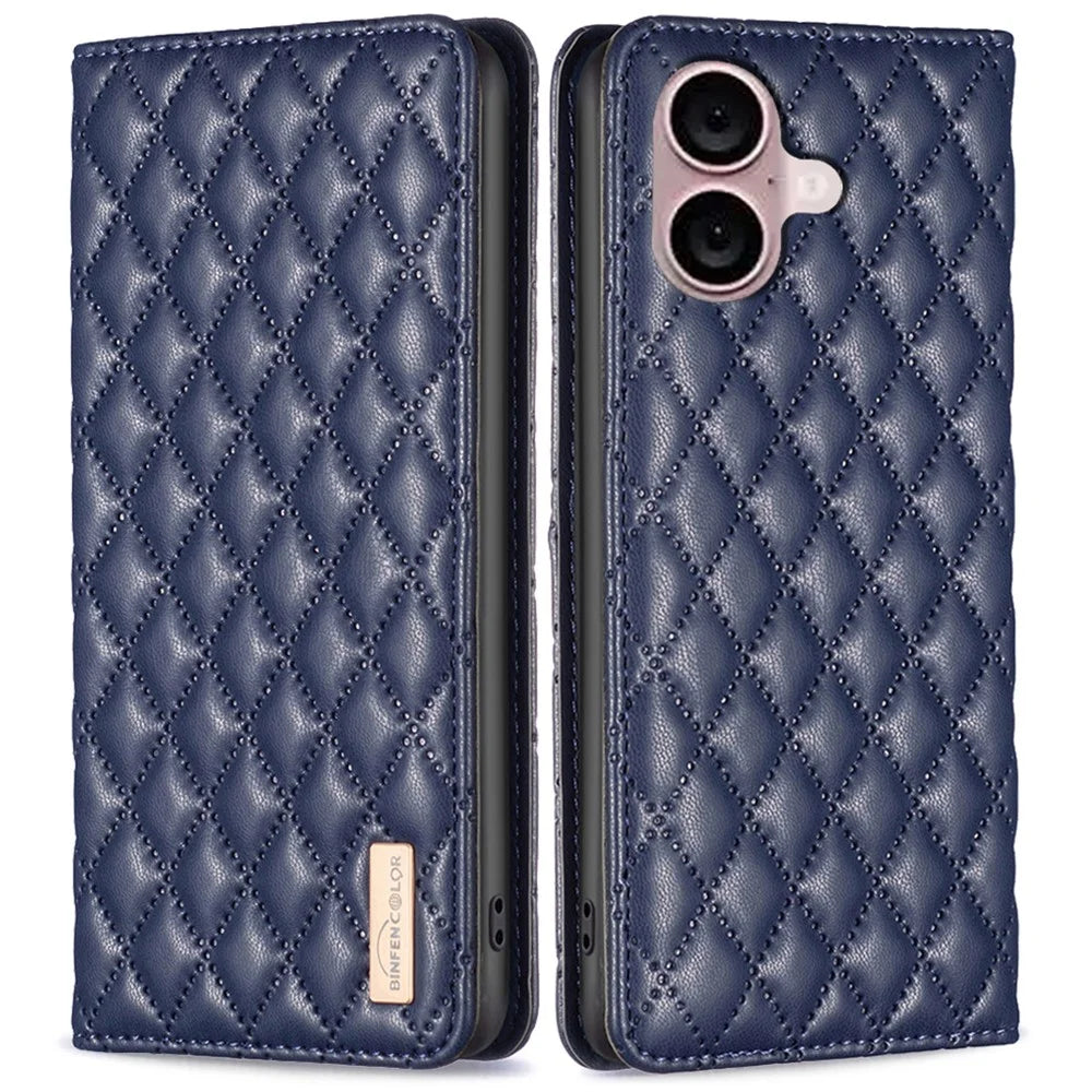 BINFEN COLOR BF Style-16 For iPhone 16 Plus Phone Stand Case Leather Phone Cover with Imprinted Rhombus Grid - Blue - 1
