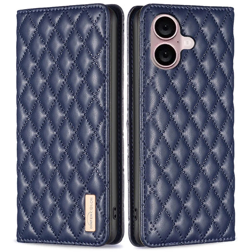 BINFEN COLOR BF Style-16 For iPhone 16 Plus Phone Stand Case Leather Phone Cover with Imprinted Rhombus Grid - Blue - 1