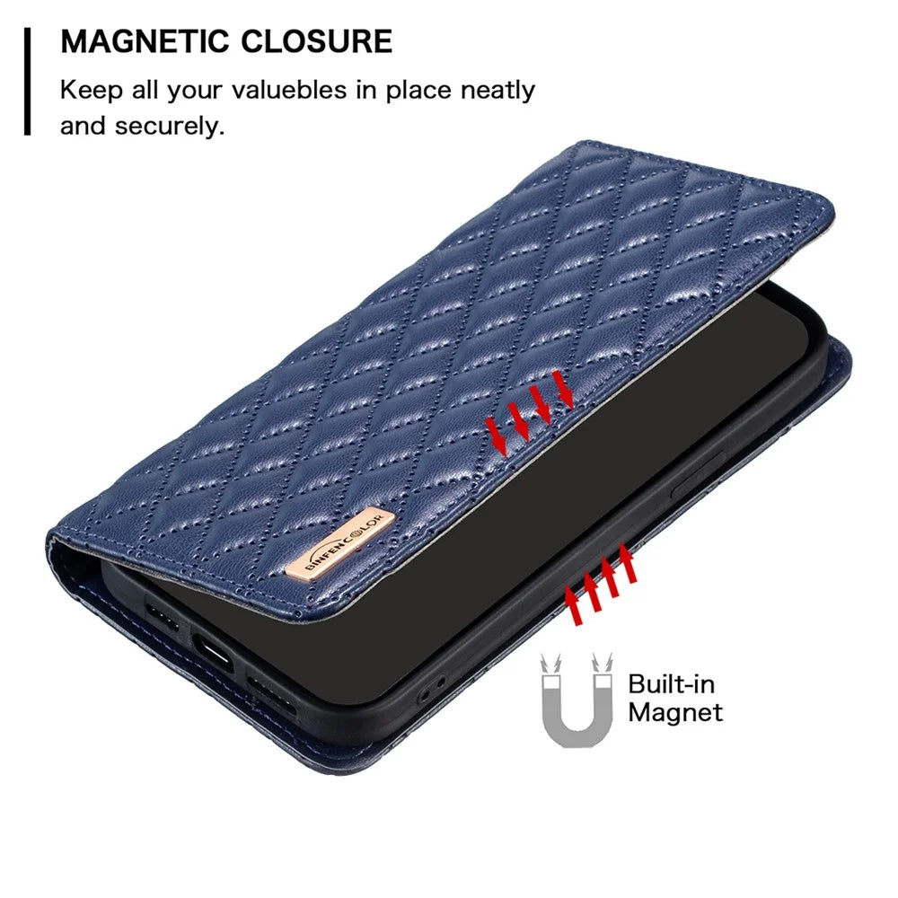 BINFEN COLOR BF Style-16 For iPhone 16 Plus Phone Stand Case Leather Phone Cover with Imprinted Rhombus Grid - Blue - 4