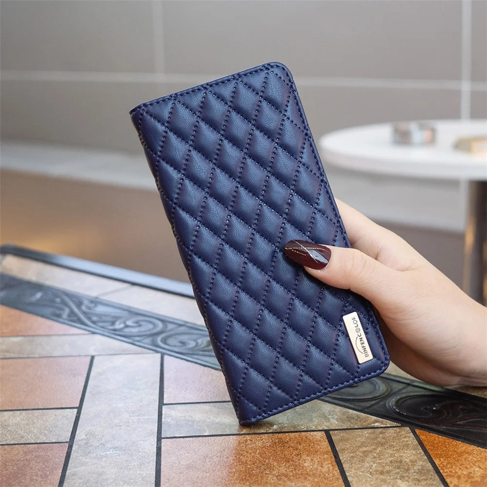 BINFEN COLOR BF Style-16 For iPhone 16 Plus Phone Stand Case Leather Phone Cover with Imprinted Rhombus Grid - Blue - 5