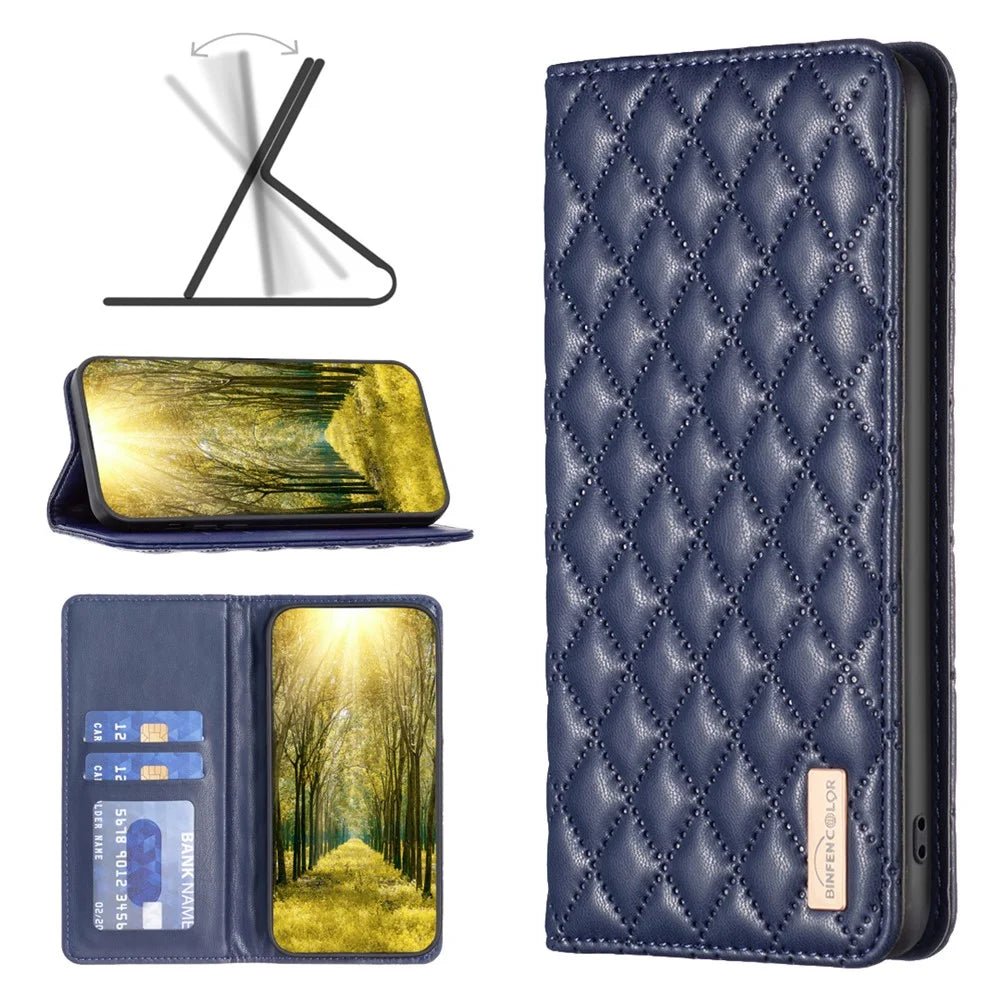 BINFEN COLOR BF Style-16 For iPhone 16 Plus Phone Stand Case Leather Phone Cover with Imprinted Rhombus Grid - Blue - 6