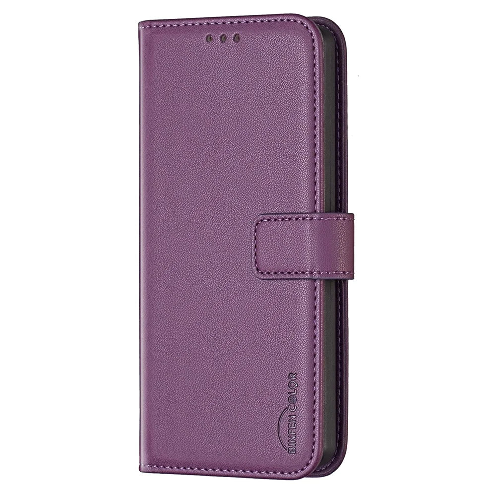 BINFEN COLOR BF17 For iPhone 16 Plus Anti-Scratch Shell PU Leather Stand Phone Case Wallet Cover - Dark Purple - 7