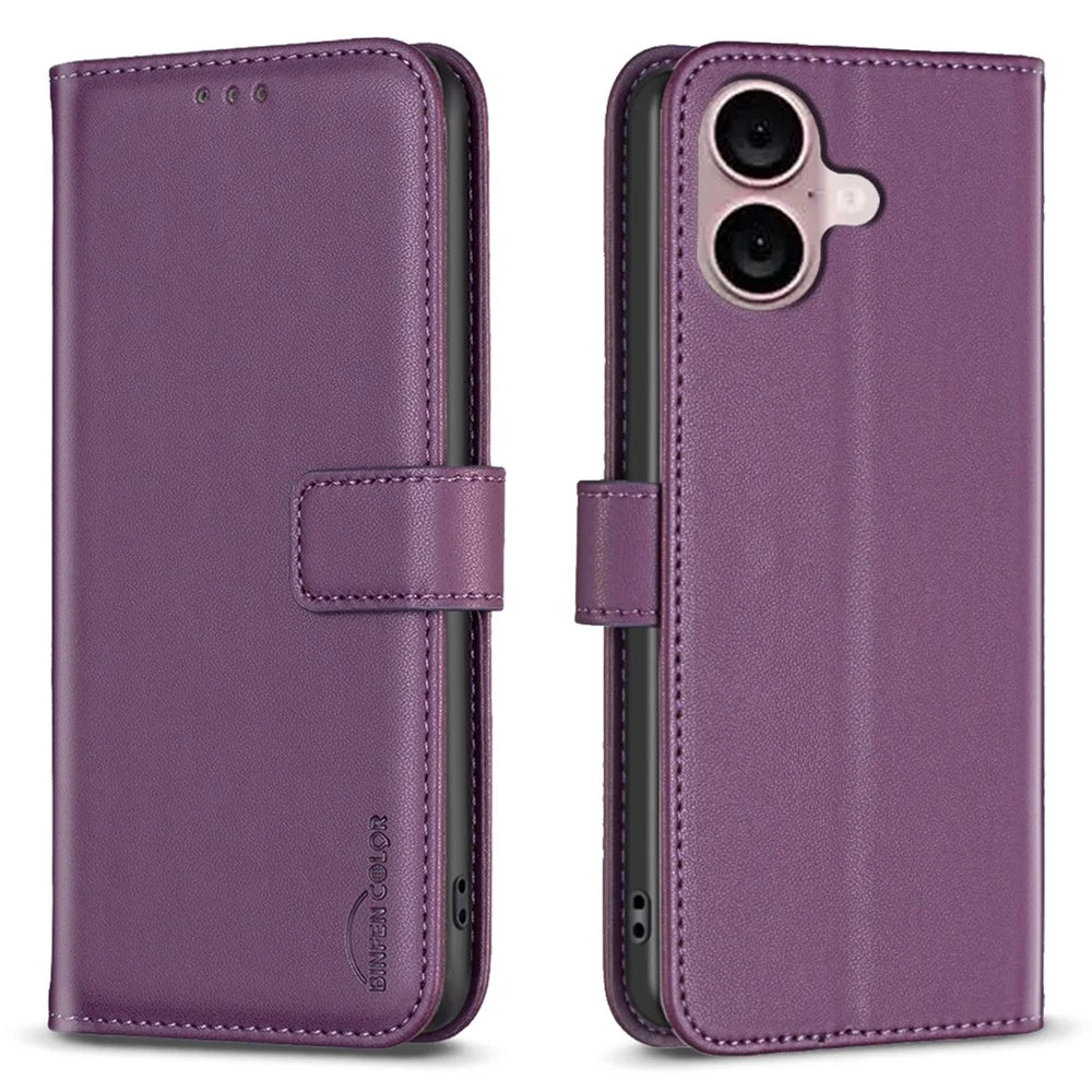 BINFEN COLOR BF17 For iPhone 16 Anti-Scratch Phone Shell PU Leather Stand Phone Case Wallet Cover - Dark Purple - 1