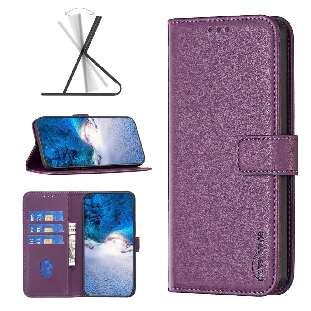BINFEN COLOR BF17 For iPhone 16 Anti-Scratch Phone Shell PU Leather Stand Phone Case Wallet Cover - Dark Purple - 6