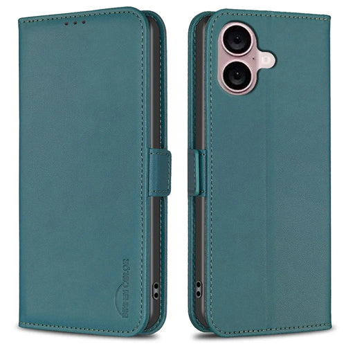 BINFEN COLOR BF31 For iPhone 16 Case Wallet Leather Flip Phone Cover - Green - 1