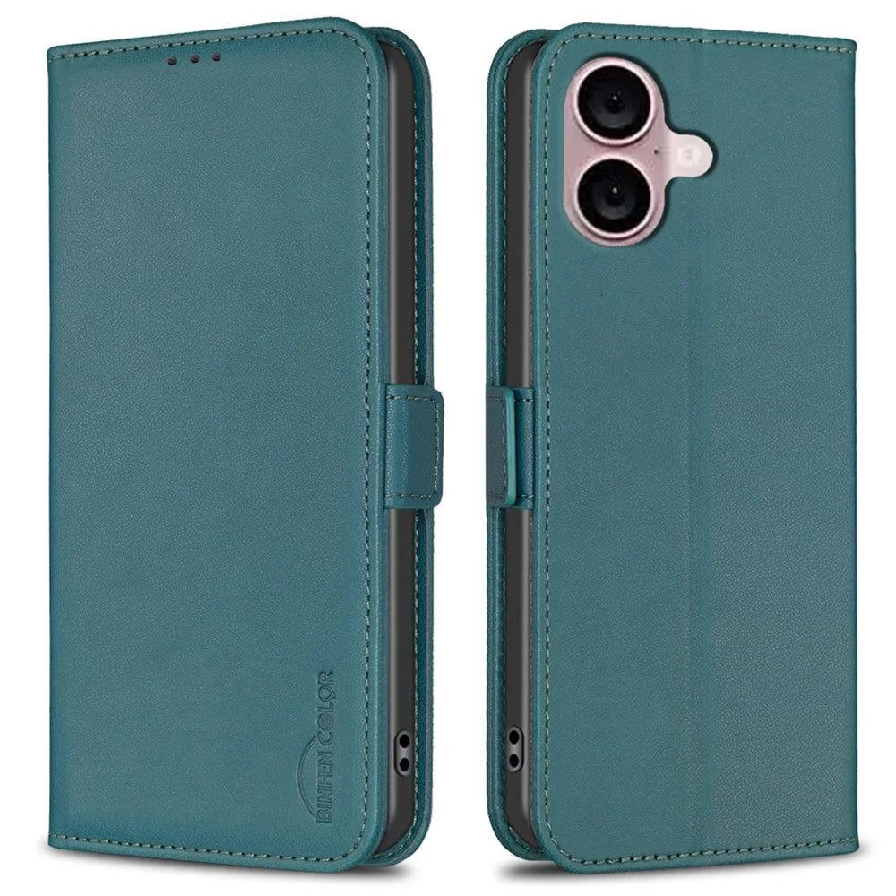 BINFEN COLOR BF31 For iPhone 16 Case Wallet Leather Flip Phone Cover - Green - 1