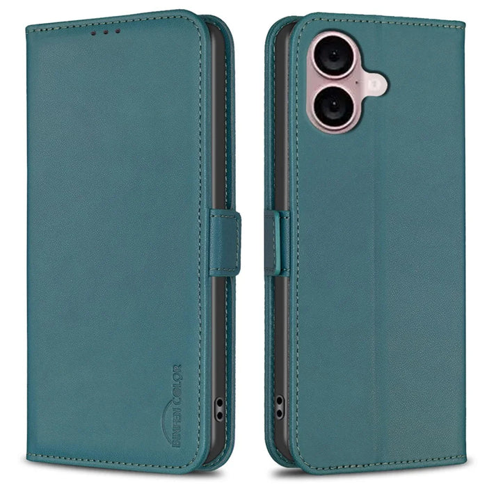 BINFEN COLOR BF31 For iPhone 16 Case Wallet Leather Flip Phone Cover - Green - 1