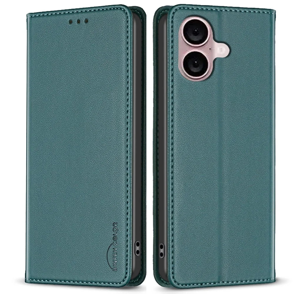 BINFEN COLOR BF18 For iPhone 16 Plus Case Magnetic Closing Leather Anti-scratch Phone Cover - Green - 1