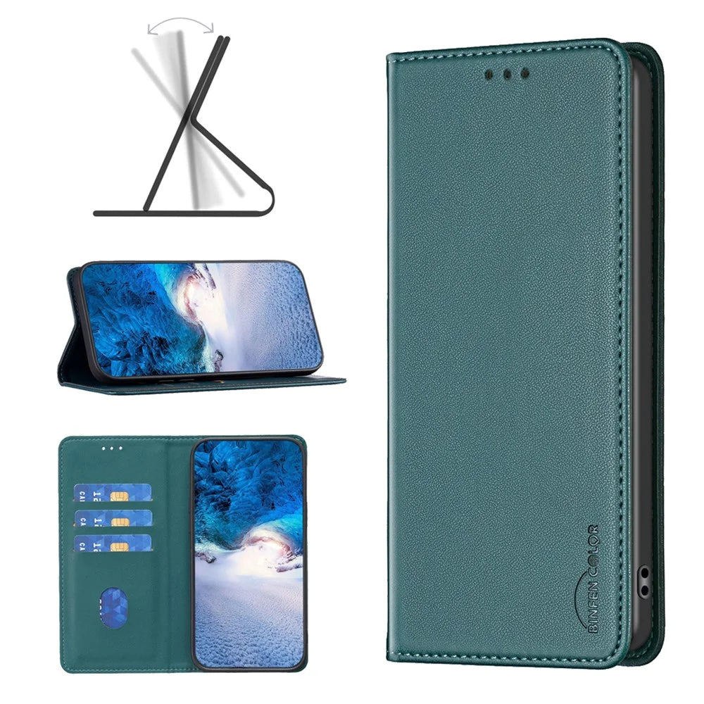 BINFEN COLOR BF18 For iPhone 16 Plus Case Magnetic Closing Leather Anti-scratch Phone Cover - Green - 7