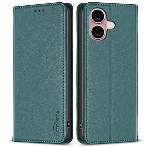 BINFEN COLOR BF18 For iPhone 16 Case Magnetic Closing PU Leather Card Holder Phone Cover - Green - 1