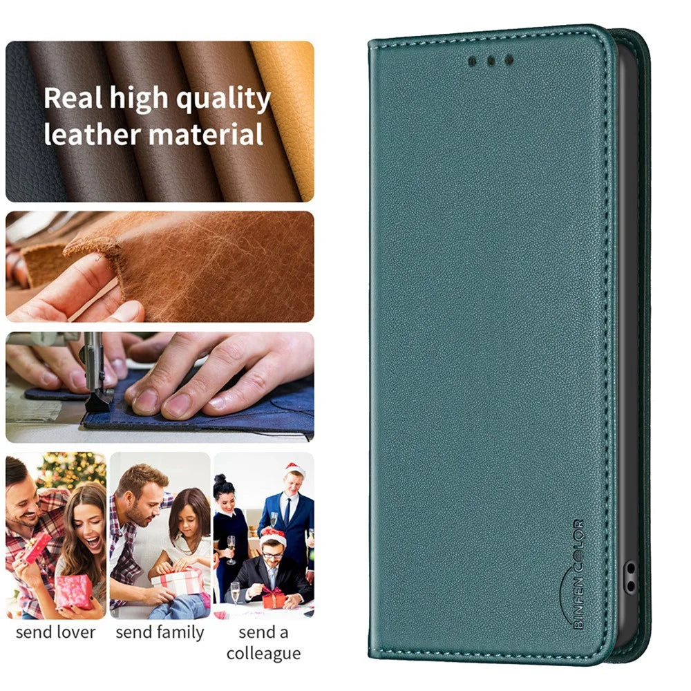 BINFEN COLOR BF18 For iPhone 16 Case Magnetic Closing PU Leather Card Holder Phone Cover - Green - 6