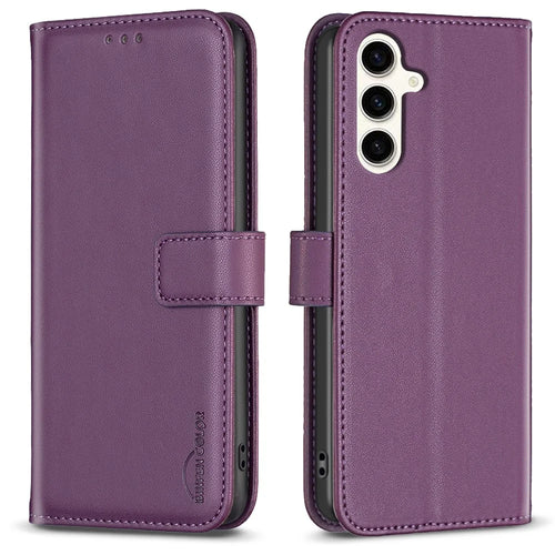 BINFEN COLOR BF17 For Samsung Galaxy S24 FE Shell PU Leather Stand Phone Case Wallet Cover - Dark Purple - 1