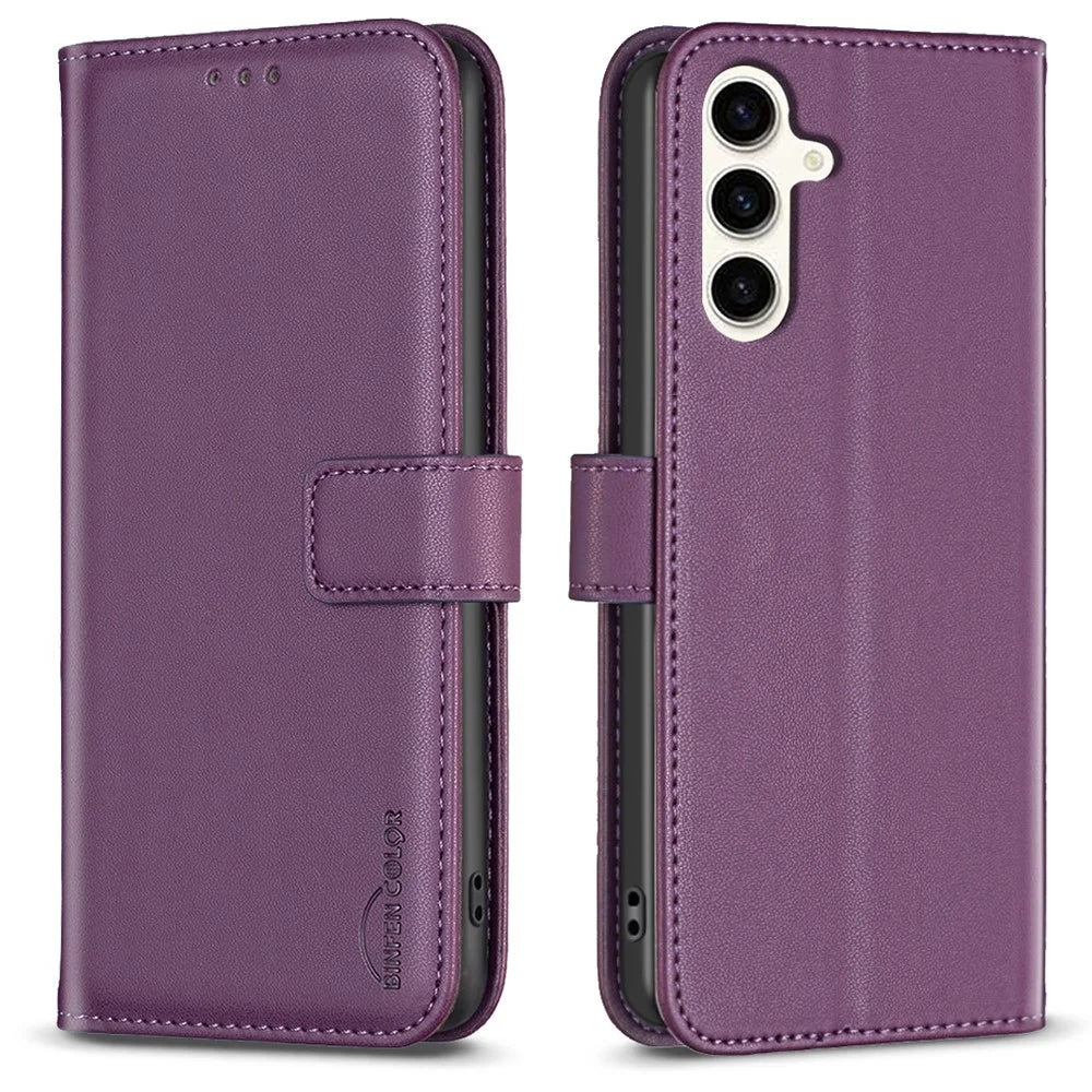 BINFEN COLOR BF17 For Samsung Galaxy S24 FE Shell PU Leather Stand Phone Case Wallet Cover - Dark Purple - 1