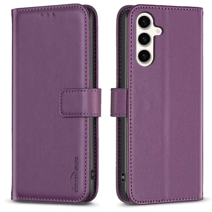 BINFEN COLOR BF17 For Samsung Galaxy S24 FE Shell PU Leather Stand Phone Case Wallet Cover - Dark Purple - 1