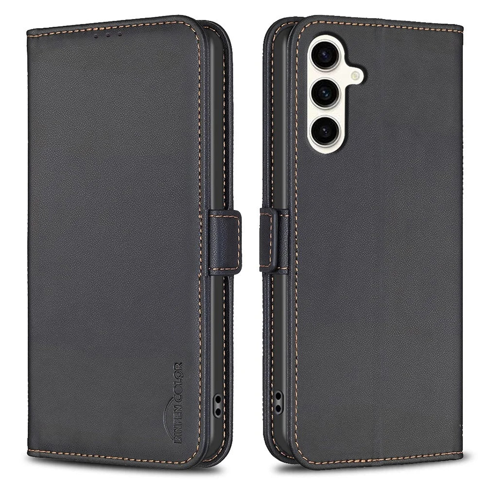 BINFEN COLOR BF31 For Samsung Galaxy S24 FE Case with Wallet Stand PU Leather Flip Phone Cover - Black - 1