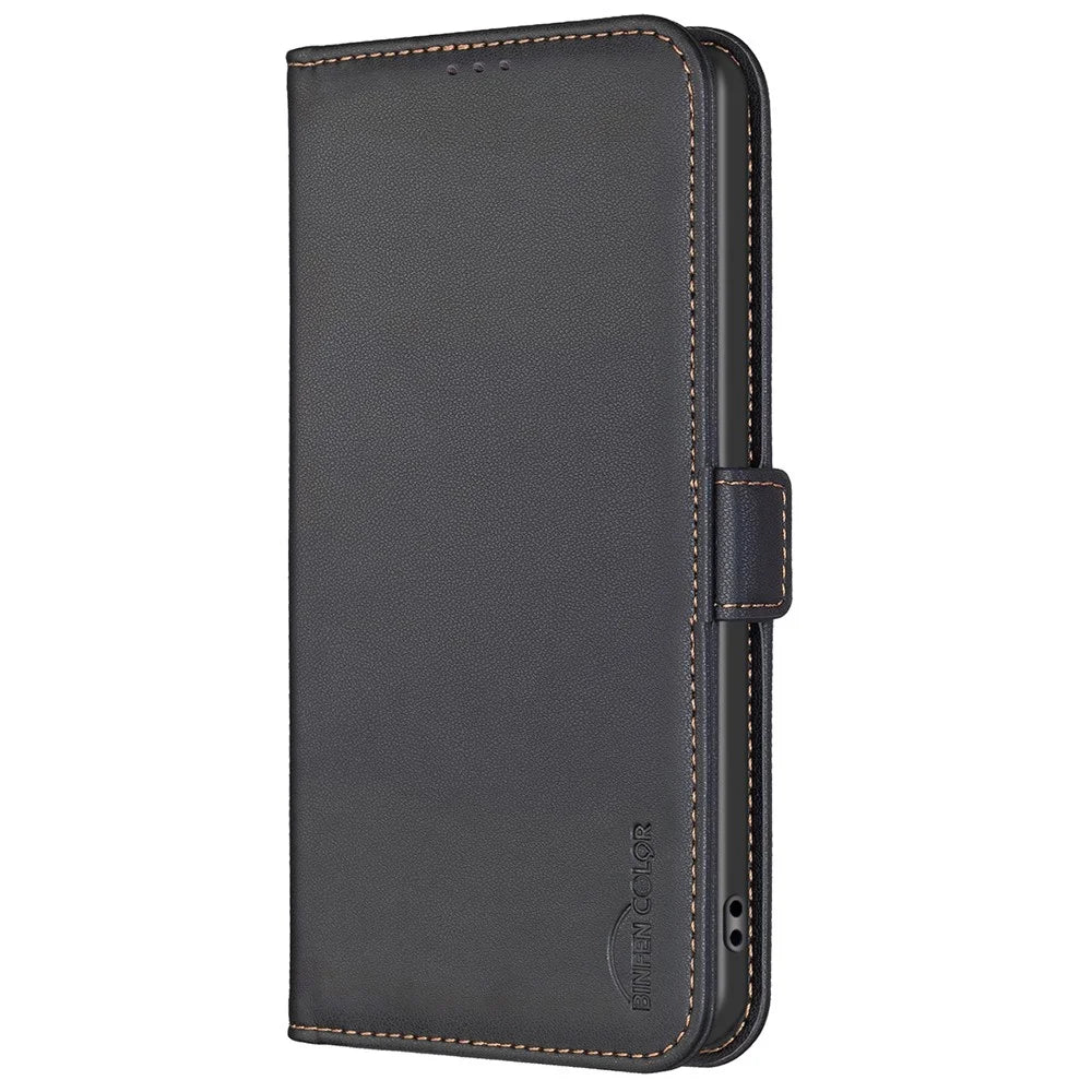 BINFEN COLOR BF31 For Samsung Galaxy S24 FE Case with Wallet Stand PU Leather Flip Phone Cover - Black - 6