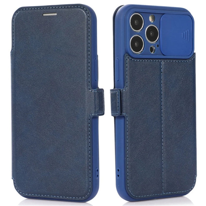 For iPhone 14 Pro Max PU Leather Stand Card Holder Case Shockproof Magnetic Clasp Phone Cover with Slide Camera Protection - Blue - 1