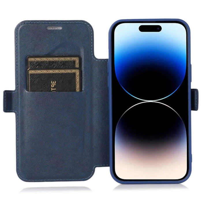 For iPhone 14 Pro Max PU Leather Stand Card Holder Case Shockproof Magnetic Clasp Phone Cover with Slide Camera Protection - Blue - 2