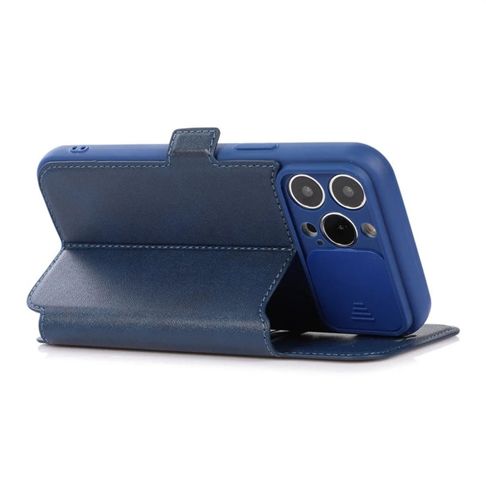 For iPhone 14 Pro Max PU Leather Stand Card Holder Case Shockproof Magnetic Clasp Phone Cover with Slide Camera Protection - Blue - 3