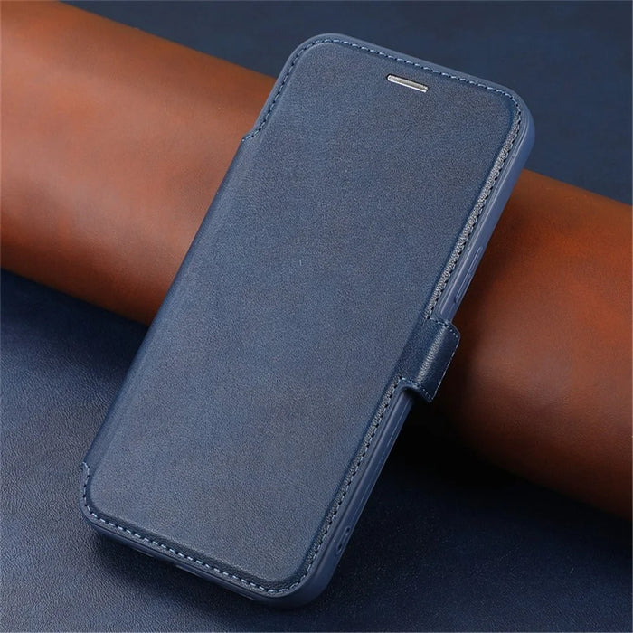 For iPhone 14 Pro Max PU Leather Stand Card Holder Case Shockproof Magnetic Clasp Phone Cover with Slide Camera Protection - Blue - 4