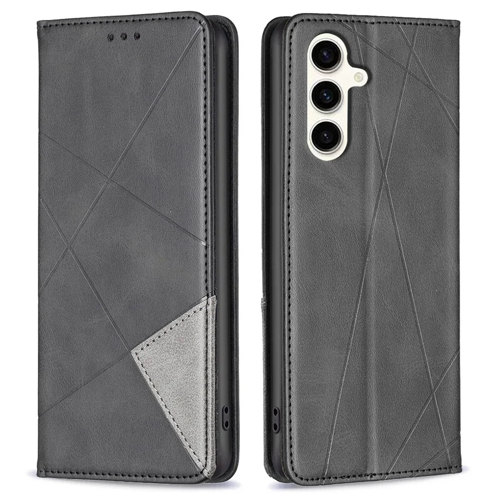 For Samsung Galaxy S24 FE Case Card Slots Leather Phone Cover Rhombus Imprint - Black - 1