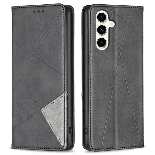 For Samsung Galaxy S24 FE Case Card Slots Leather Phone Cover Rhombus Imprint - Black - 1