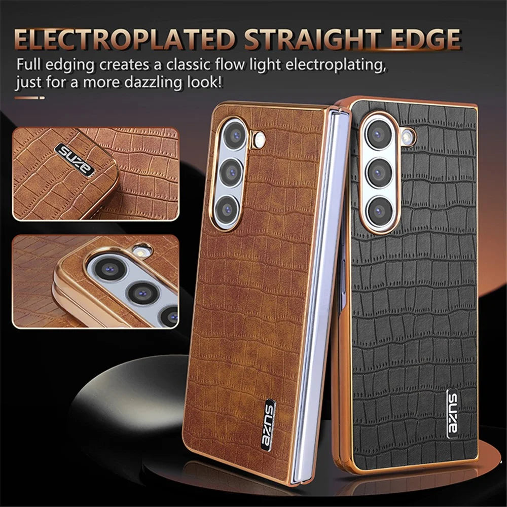 AZNS For Samsung Galaxy Z Fold6 5G Case Crocodile Texture PU Leather+PC Phone Cover - Black - 4