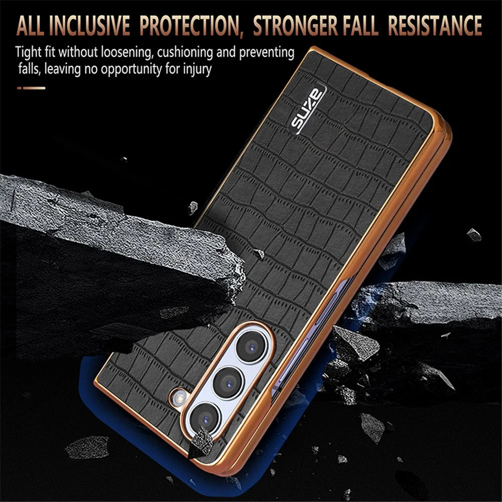 AZNS For Samsung Galaxy Z Fold6 5G Case Crocodile Texture PU Leather+PC Phone Cover - Black - 5