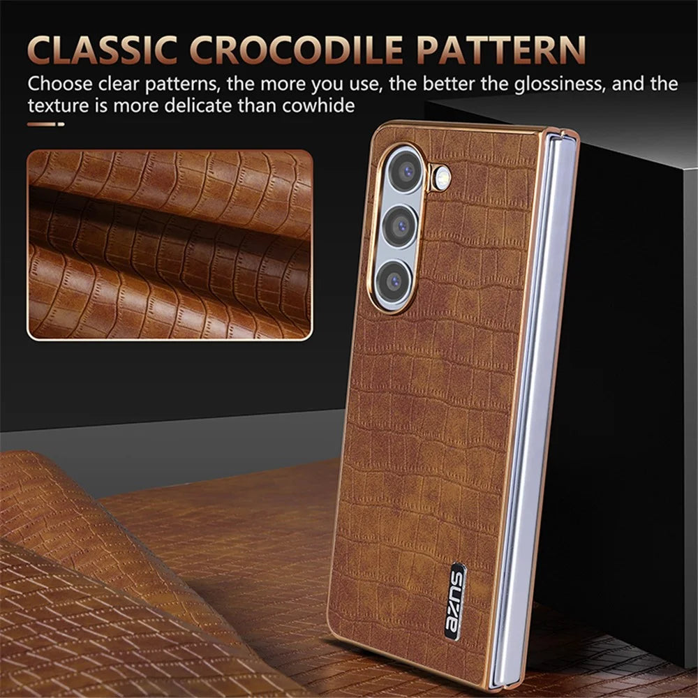 AZNS For Samsung Galaxy Z Fold6 5G Case Crocodile Texture PU Leather+PC Phone Cover - Black - 6