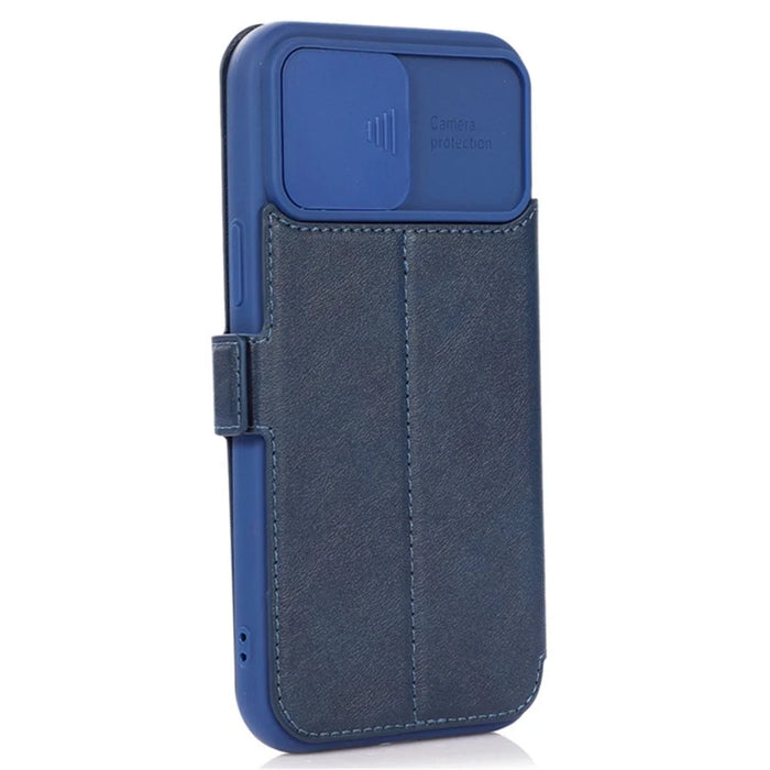 For iPhone 14 Pro Slide Camera Protection Folio Flip Phone Case PU Leather Stand Card Holder Cover - Blue - 6