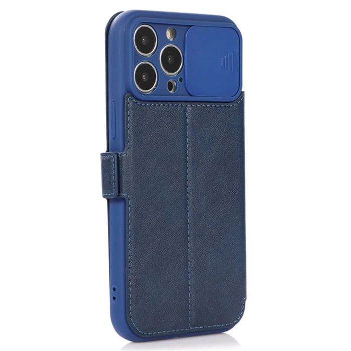 For iPhone 14 Pro Slide Camera Protection Folio Flip Phone Case PU Leather Stand Card Holder Cover - Blue - 7