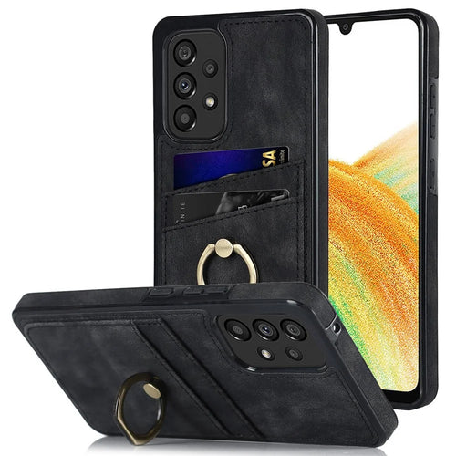 For Samsung Galaxy A33 5G Card Slots Case Retro PU Leather Coated TPU Phone Cover with Ring Holder Kickstand - Black - 1