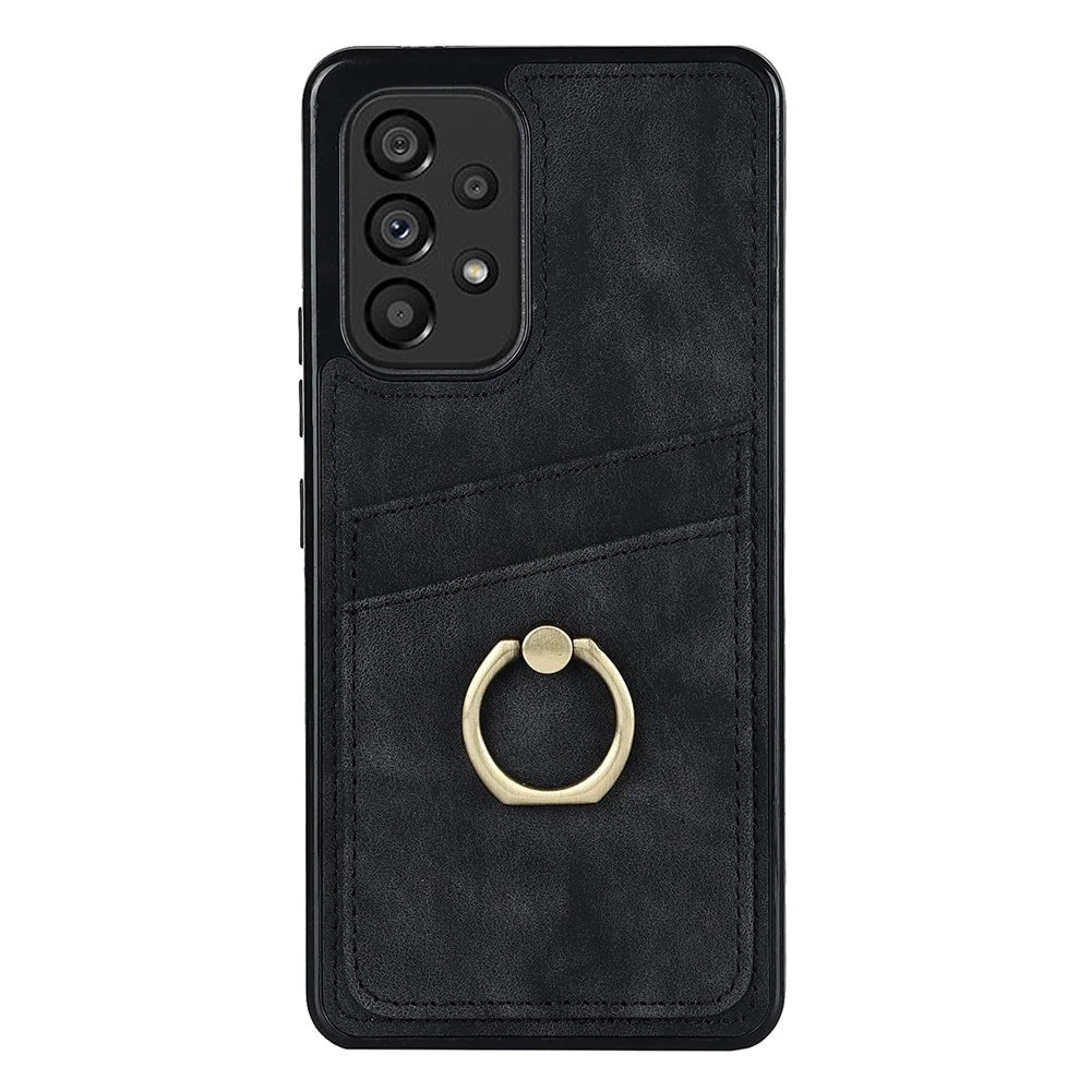 For Samsung Galaxy A33 5G Card Slots Case Retro PU Leather Coated TPU Phone Cover with Ring Holder Kickstand - Black - 2