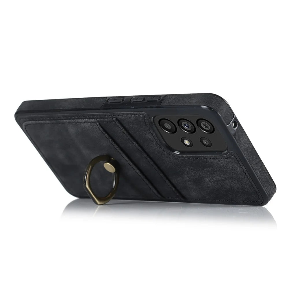 For Samsung Galaxy A33 5G Card Slots Case Retro PU Leather Coated TPU Phone Cover with Ring Holder Kickstand - Black - 3