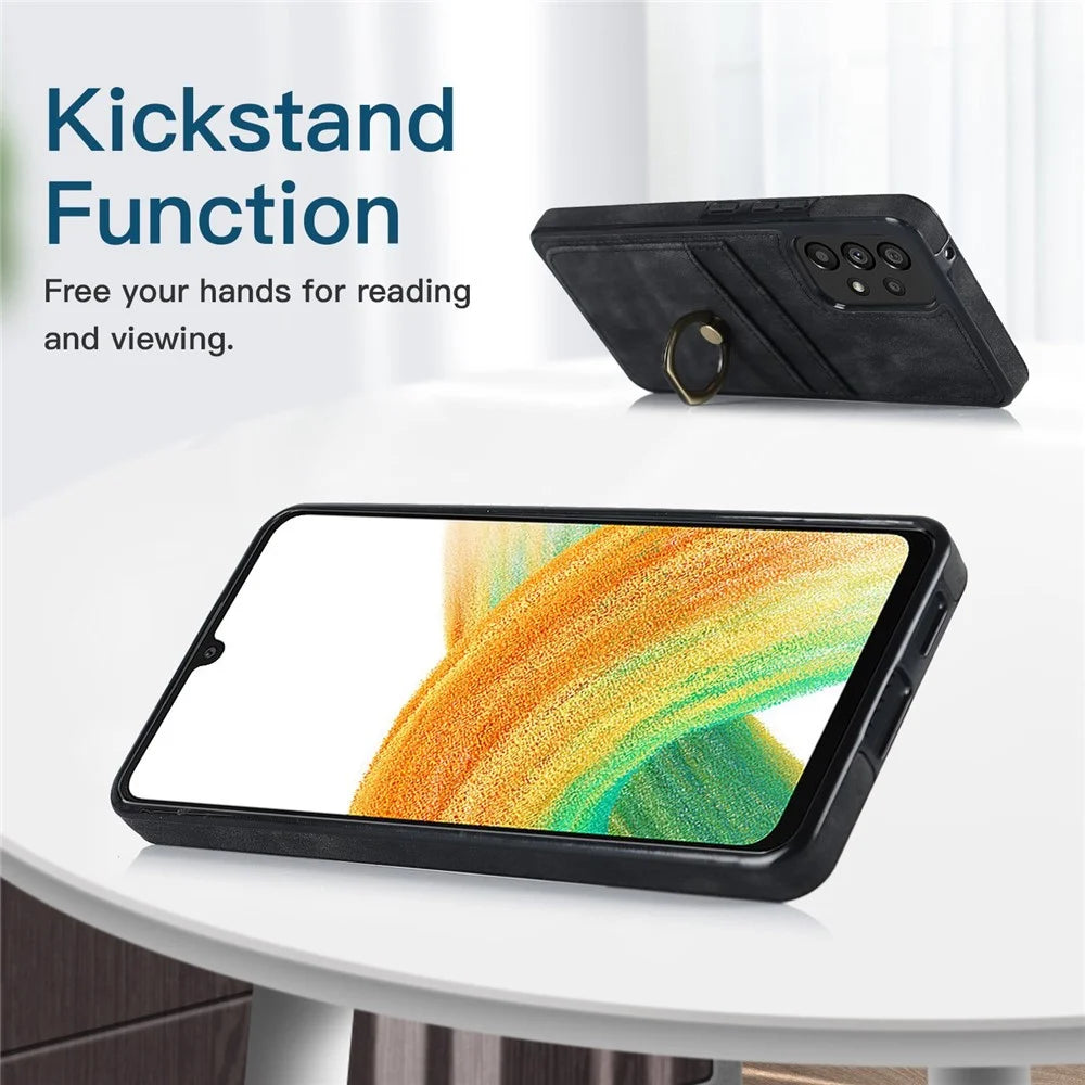For Samsung Galaxy A33 5G Card Slots Case Retro PU Leather Coated TPU Phone Cover with Ring Holder Kickstand - Black - 6