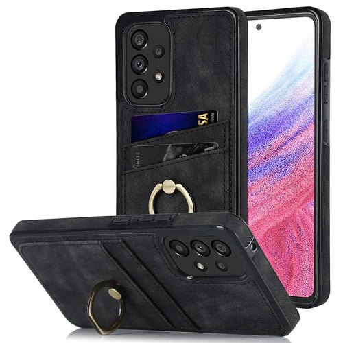 For Samsung Galaxy A53 5G Retro PU Leather Coated TPU Phone Case with Card Holder and Ring Holder Kickstand - Black - 1