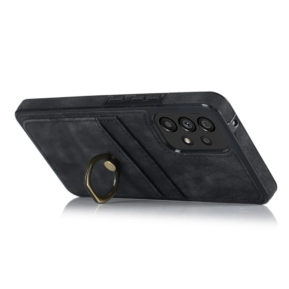For Samsung Galaxy A53 5G Retro PU Leather Coated TPU Phone Case with Card Holder and Ring Holder Kickstand - Black - 3